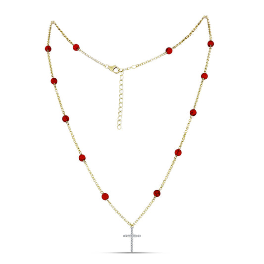 Pozlacené Stříbro 925/1000 - Náhrdelník s Červeným Houbovým Korálem a Bílým Topazem - Karátové číslo: 6.2. přibližná hmotnost: 5.04 gramů