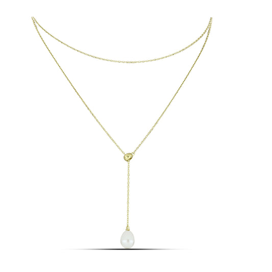 Pozlacené Stříbro 925/1000 - Náhrdelník s Bílou Sladkovodní Perlou - Karátové číslo: 4.84. přibližná hmotnost: 4.24 gramů