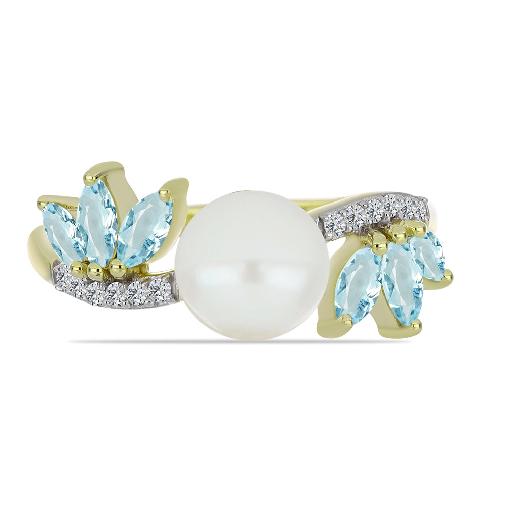 Pozlacený Stříbrný Prsten s Bílou Sladkovodní Perlou a Akvamarínem 1 