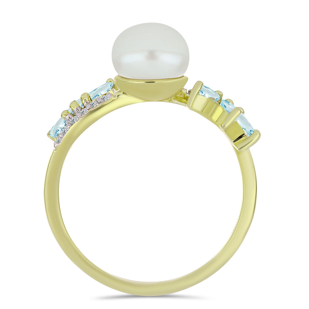 Pozlacený Stříbrný Prsten s Bílou Sladkovodní Perlou a Akvamarínem