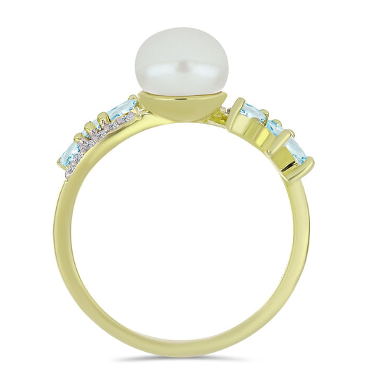 Pozlacený Stříbrný Prsten s Bílou Sladkovodní Perlou a Akvamarínem