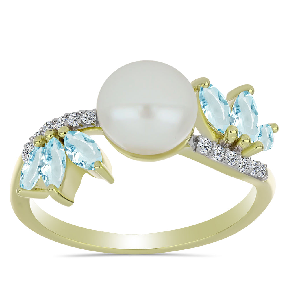 Pozlacený Stříbrný Prsten s Bílou Sladkovodní Perlou a Akvamarínem