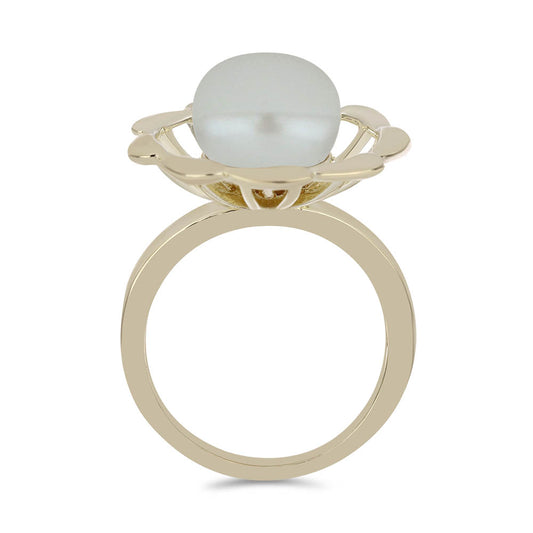 Pozlacené Stříbro 925/1000 - Prsten s Bílou Sladkovodní Perlou - Karátové číslo: 6. přibližná hmotnost: 5.26 gramů