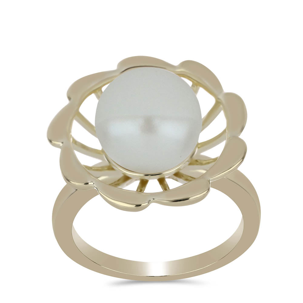 Pozlacené Stříbro 925/1000 - Prsten s Bílou Sladkovodní Perlou - Karátové číslo: 6. přibližná hmotnost: 5.26 gramů