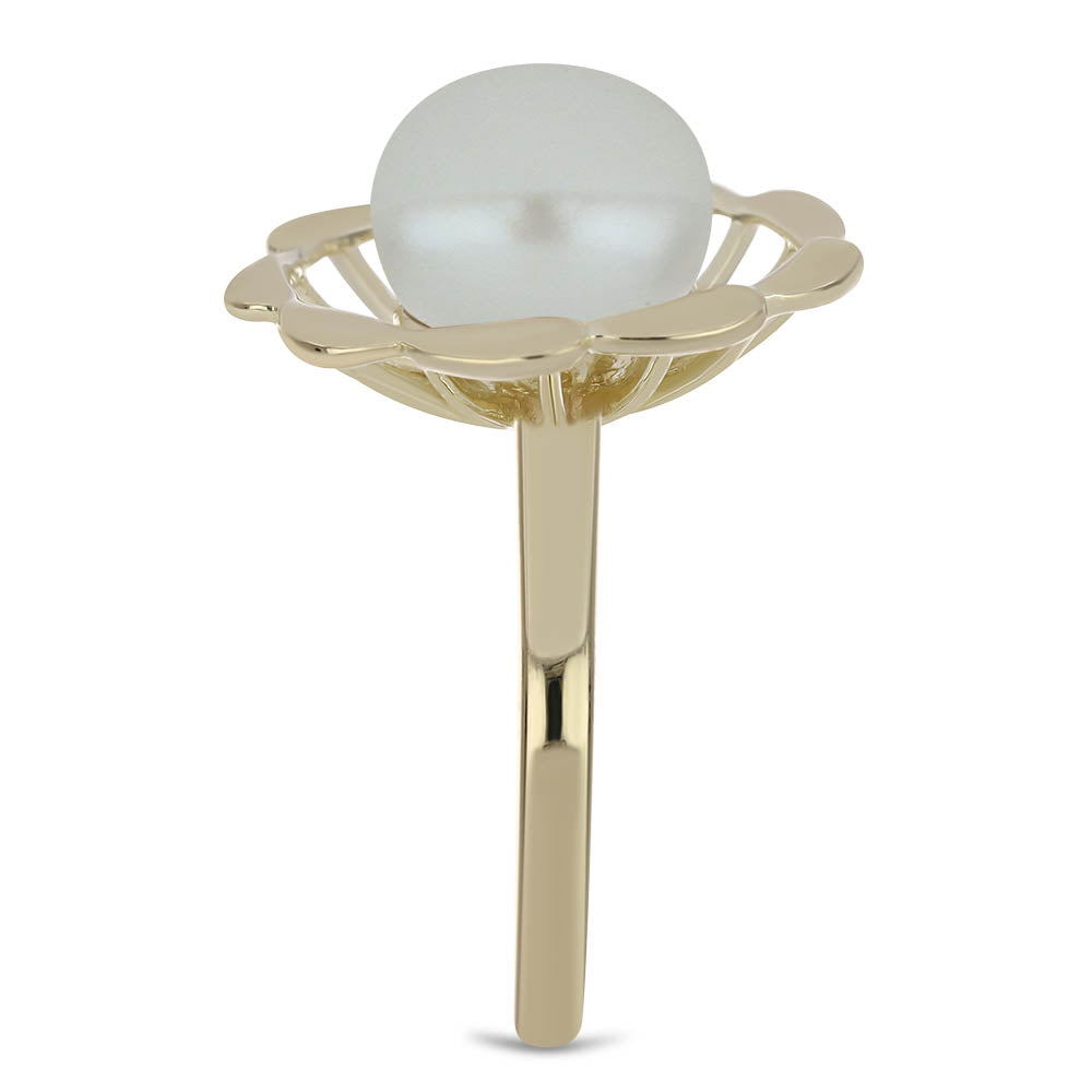 Pozlacené Stříbro 925/1000 - Prsten s Bílou Sladkovodní Perlou - Karátové číslo: 6. přibližná hmotnost: 5.26 gramů