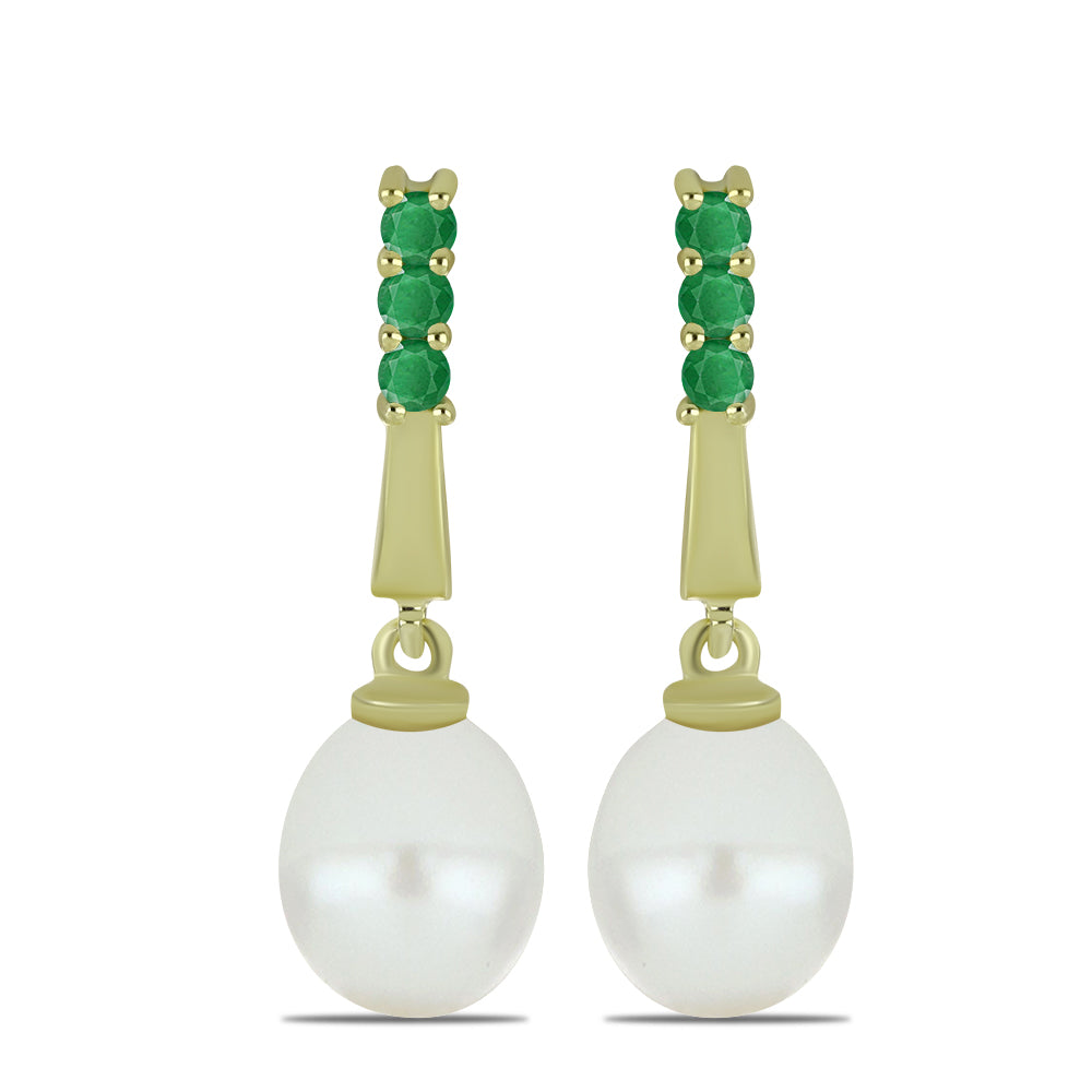Pozlacené stříbro 925/1000 Náušnice s Bílou Sladkovodní Perlou a Brazilským Smaragdem - Karátové číslo: 9.86. přibližná hmotnost: 4.54 gramů 1 
