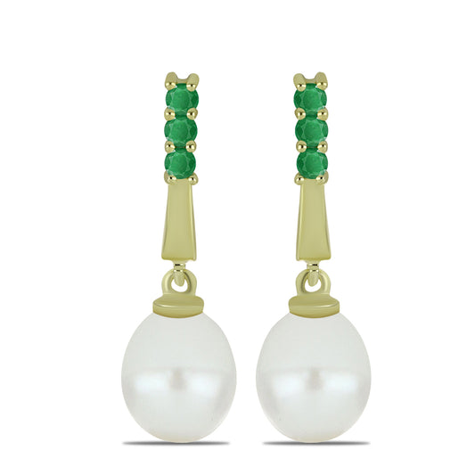 Pozlacené stříbro 925/1000 Náušnice s Bílou Sladkovodní Perlou a Brazilským Smaragdem - Karátové číslo: 9.86. přibližná hmotnost: 4.54 gramů
