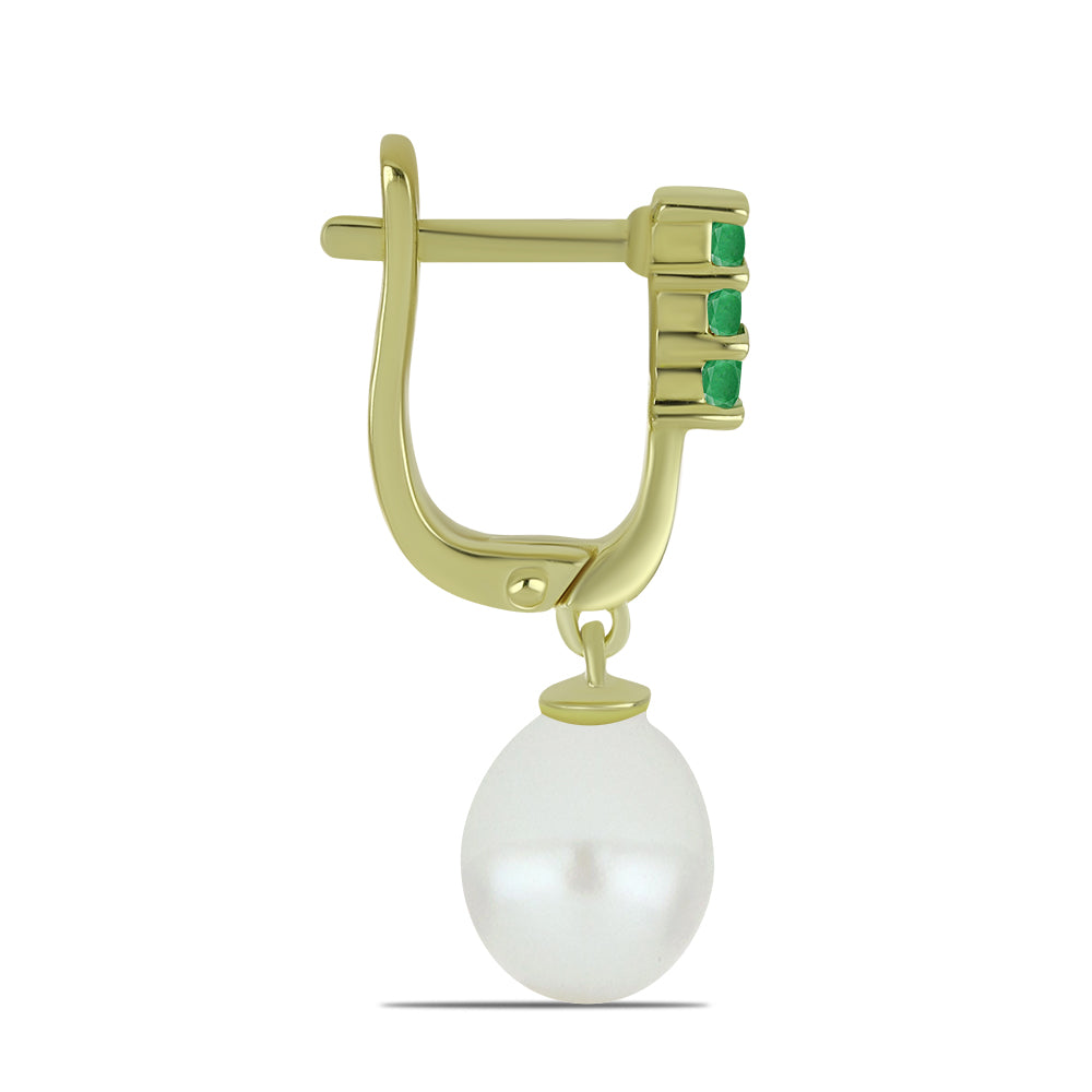 Pozlacené stříbro 925/1000 Náušnice s Bílou Sladkovodní Perlou a Brazilským Smaragdem - Karátové číslo: 9.86. přibližná hmotnost: 4.54 gramů 2 