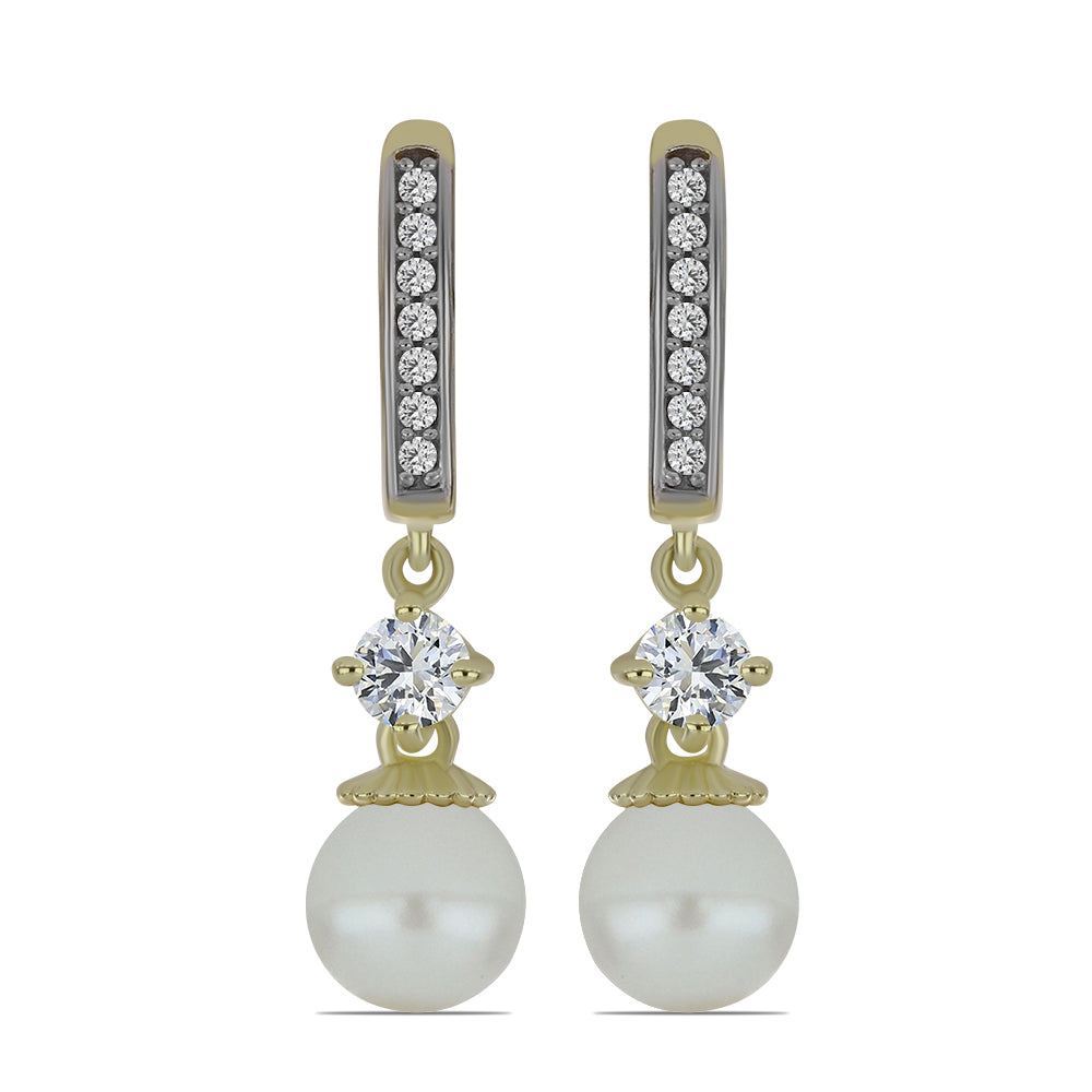 Pozlacené Stříbro 925/1000 - Náušnice s Bílou Sladkovodní Perlou a Bílým Topazem - Karátové číslo: 6.9. přibližná hmotnost: 4.65 gramů