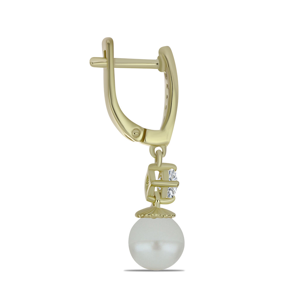 Pozlacené Stříbro 925/1000 - Náušnice s Bílou Sladkovodní Perlou a Bílým Topazem - Karátové číslo: 6.9. přibližná hmotnost: 4.65 gramů 2 