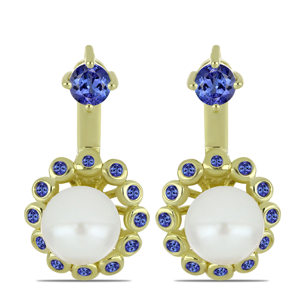 Pozlacené stříbro 925/1000 Náušnice s Bílou Sladkovodní Perlou a Tanzanitem - Karátové číslo: 6.36. přibližná hmotnost: 6.96 gramů 1 