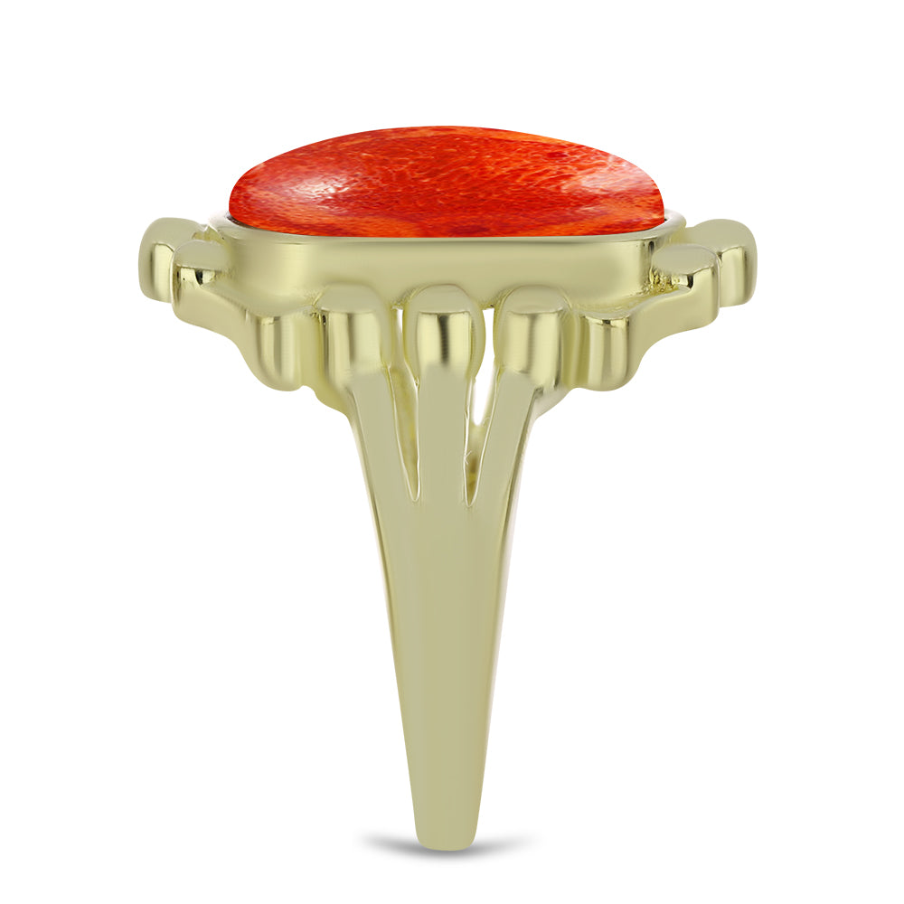 Pozlacené Stříbro 925/1000 - Prsten s Červeným Houbovým Korálem - Karátové číslo: 5.43. přibližná hmotnost: 7.09 gramů