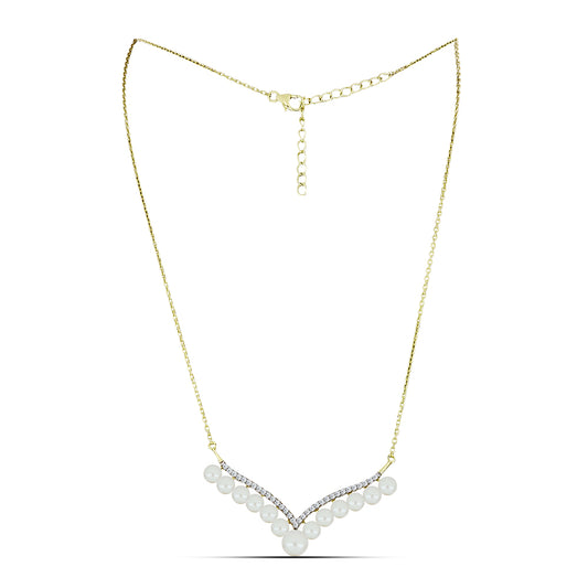 Pozlacený 925 / 1000 Sterlingové Stříbro Náhrdelník s Bílou Sladkovodní Perlou a Bílým Topazem