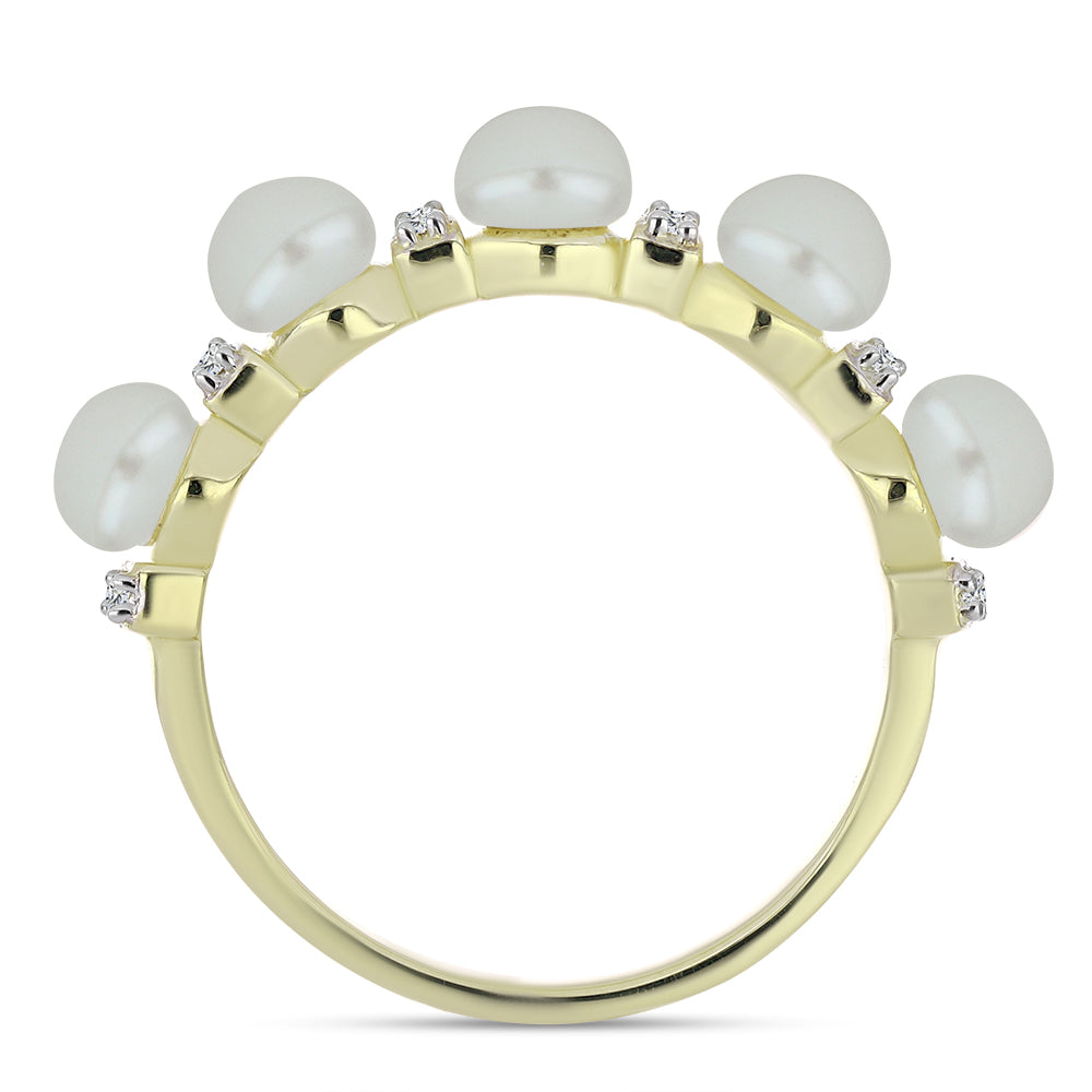 Pozlacené Stříbro 925/1000 - Prsten s Bílou Sladkovodní Perlou a Bílým Topazem - Karátové číslo: 2.79. přibližná hmotnost: 3.21 gramů