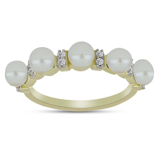 Pozlacené Stříbro 925/1000 - Prsten s Bílou Sladkovodní Perlou a Bílým Topazem - Karátové číslo: 2.79. přibližná hmotnost: 3.21 gramů