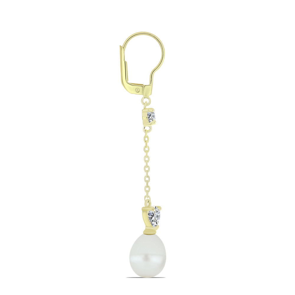 Pozlacené Stříbro 925/1000 - Náušnice s Bílou Sladkovodní Perlou a Bílým Topazem - Karátové číslo: 11.32. přibližná hmotnost: 4.24 gramů