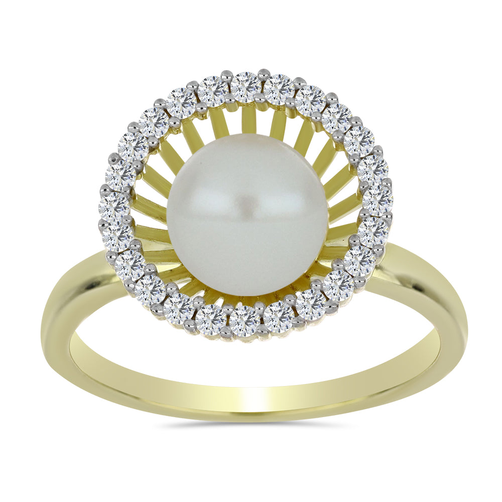 Pozlacené Stříbro 925/1000 - Prsten s Bílou Sladkovodní Perlou a Bílým Topazem - Karátové číslo: 3.56. přibližná hmotnost: 3.46 gramů