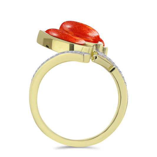 Pozlacený Stříbrný Prsten s Červeným Houbovým Korálem a Bílým Topazem