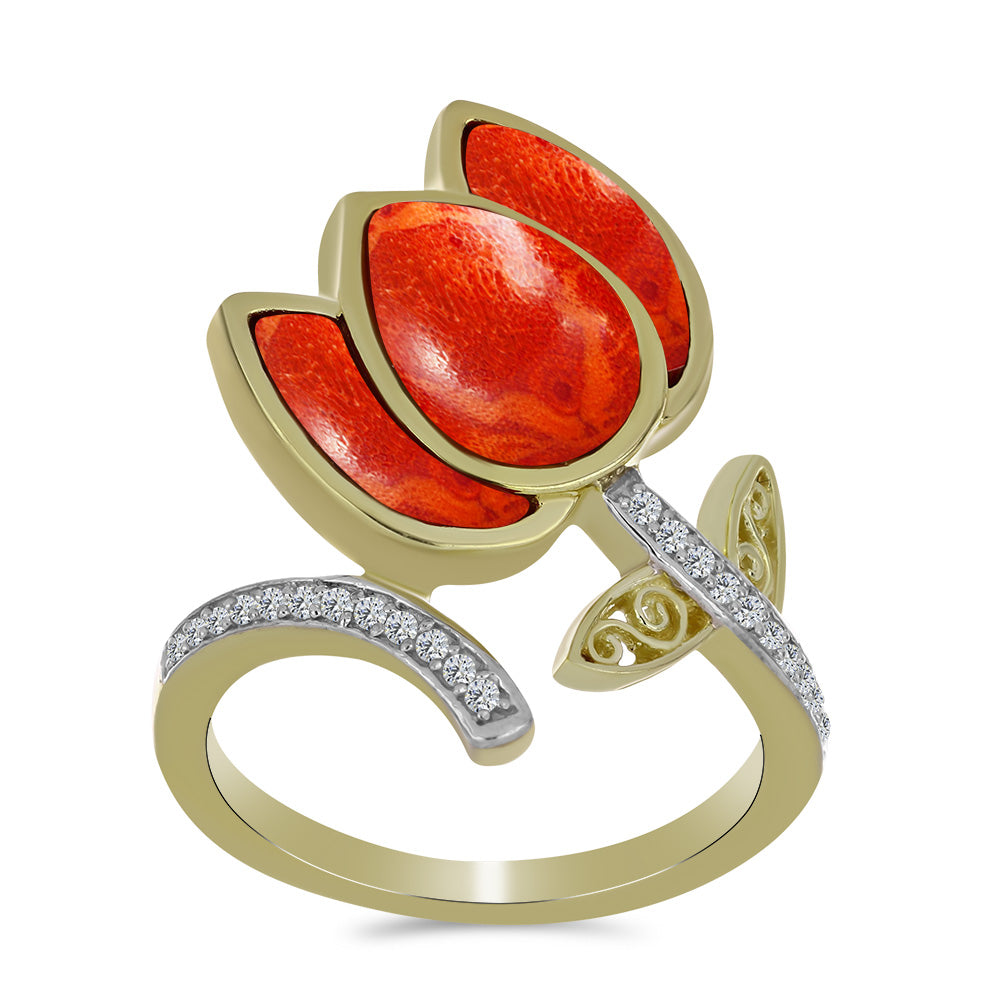 Pozlacený Stříbrný Prsten s Červeným Houbovým Korálem a Bílým Topazem 3 