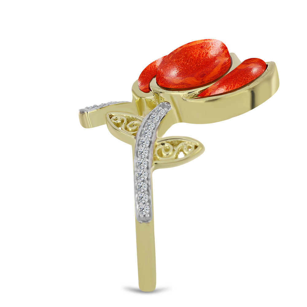 Pozlacený Stříbrný Prsten s Červeným Houbovým Korálem a Bílým Topazem 4 