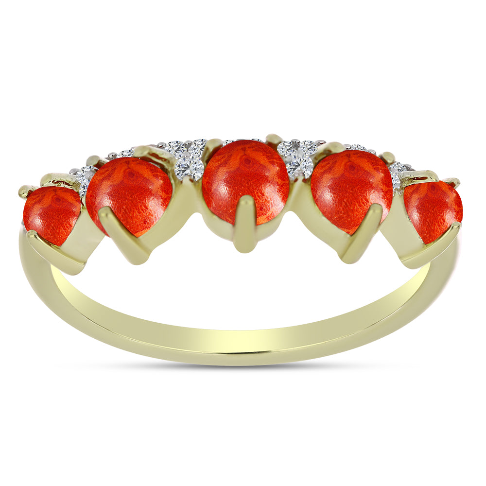 Pozlacené Stříbro 925/1000 - Prsten s Červeným Houbovým Korálem a Bílým Topazem - Karátové číslo: 1.3. přibližná hmotnost: 2.52 gramů 1 