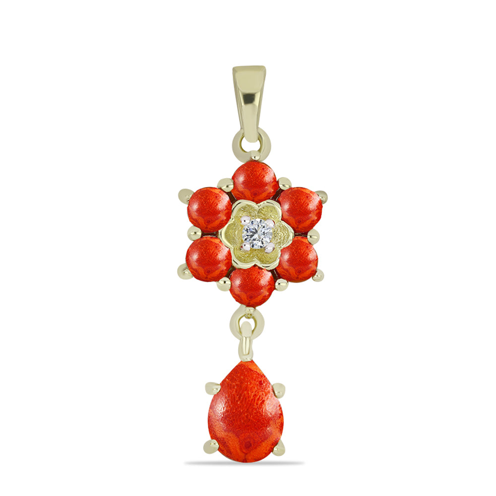 Pozlacené Stříbro 925/1000 - Přívěsek s Červeným Houbovým Korálem a Bílým Topazem - Karátové číslo: 1.52. přibližná hmotnost: 1.88 gramů
