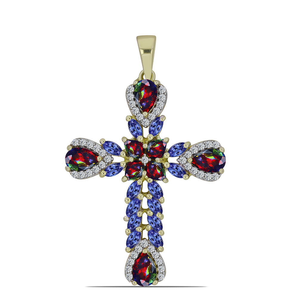 Kříž Pozlacený Stříbrný Přívěsek s Půlnočně Černým Etiopským Opálem z Lega Dembi a Tanzanitem 1 