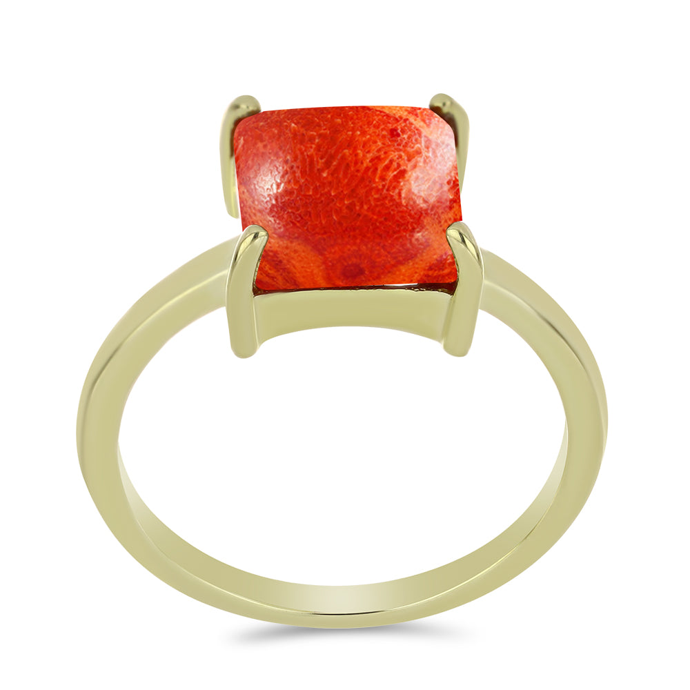 Pozlacené Stříbro 925/1000 - Prsten s Červeným Houbovým Korálem - Karátové číslo: 2.07. přibližná hmotnost: 2.26 gramů
