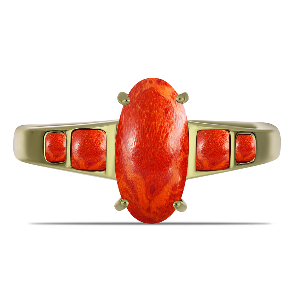 Pozlacený Stříbrný Prsten s Červeným Houbovým Korálem