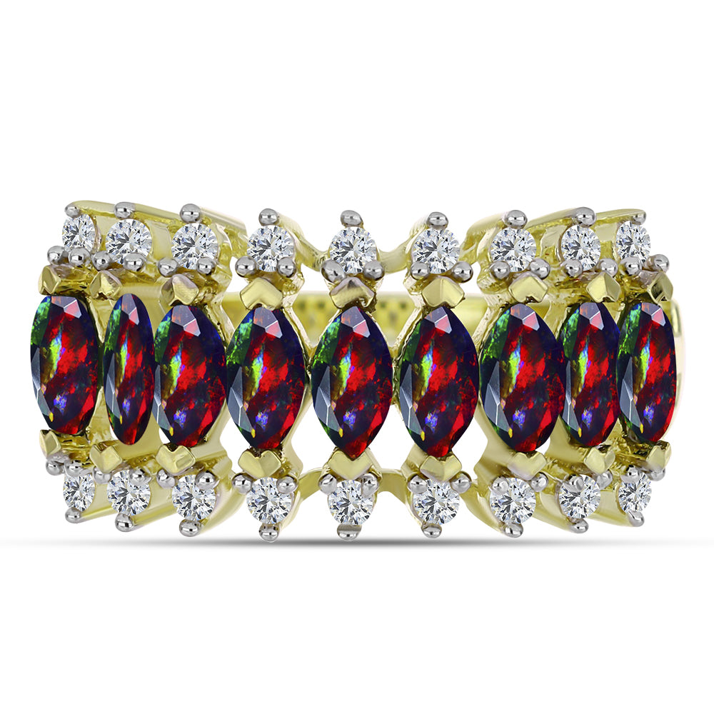 Pozlacené stříbro 925/1000 Prsten s Půlnočně Černým Etiopským Opálem z Lega Dembi a Bílým Topazem - Karátové číslo: 1.13. přibližná hmotnost: 3.59 gramů 1 