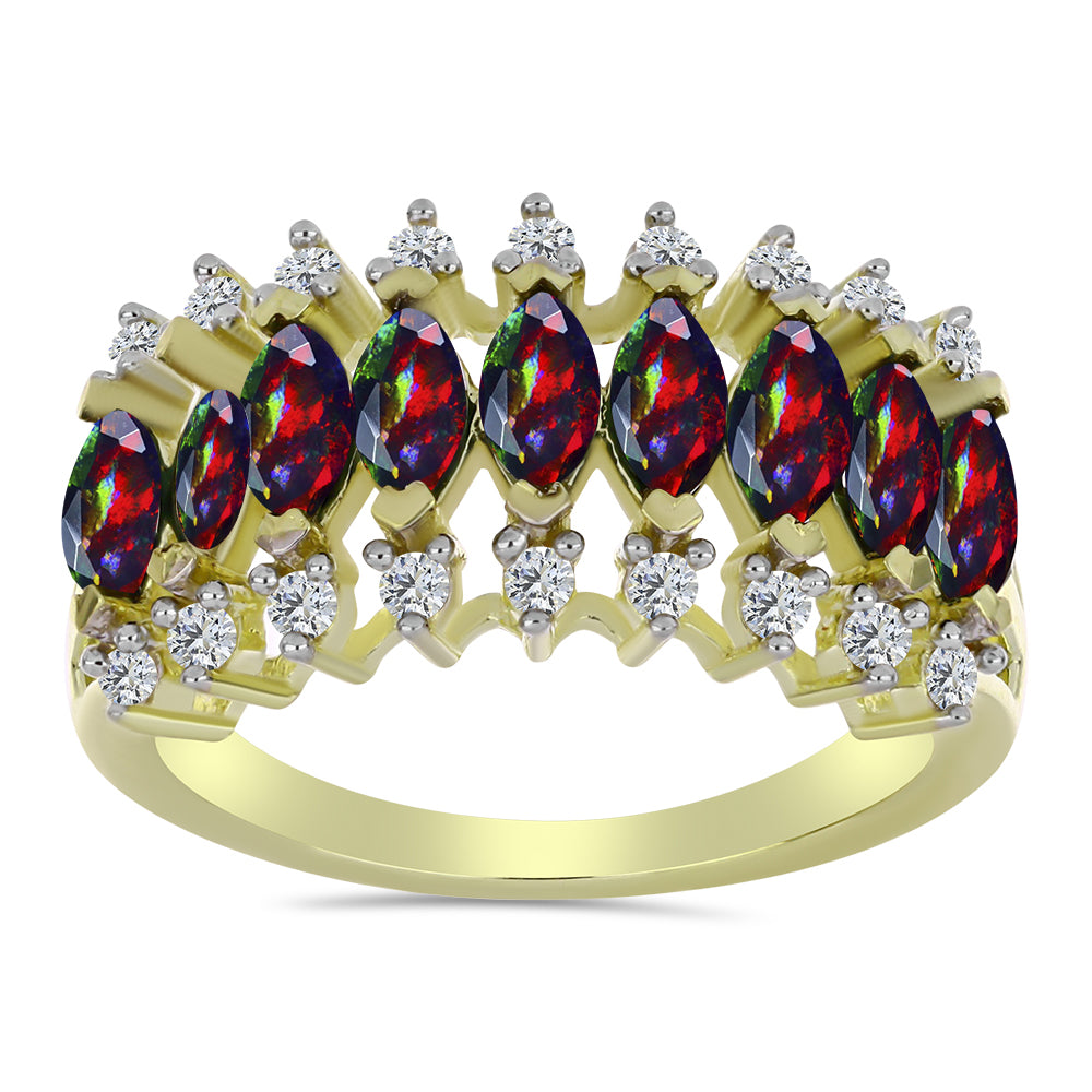 Pozlacené stříbro 925/1000 Prsten s Půlnočně Černým Etiopským Opálem z Lega Dembi a Bílým Topazem - Karátové číslo: 1.13. přibližná hmotnost: 3.59 gramů