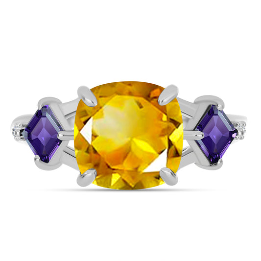 Stříbro 925/1000 - Prsten s Uralským Citrínem a Marockým Ametystem - Karátové číslo: 4.04. přibližná hmotnost: 4.17 gramů