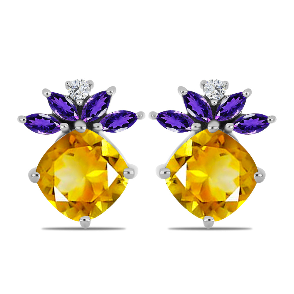 Stříbro 925/1000 - Náušnice s Uralským Citrínem a Marockým Ametystem - Karátové číslo: 4.77. přibližná hmotnost: 4.37 gramů