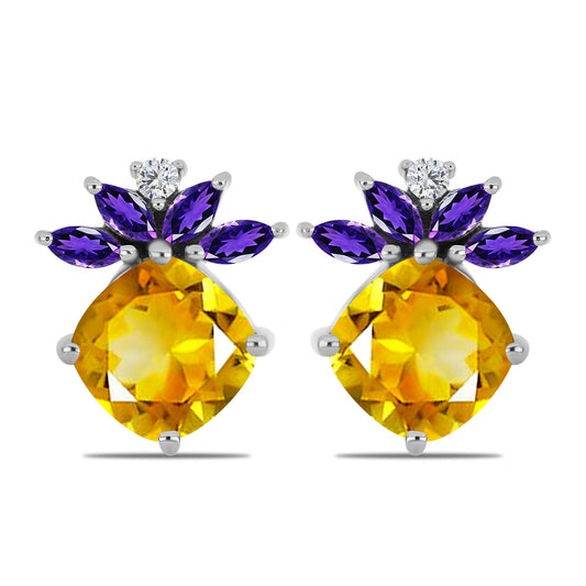 Stříbro 925/1000 - Náušnice s Uralským Citrínem a Marockým Ametystem - Karátové číslo: 4.77. přibližná hmotnost: 4.37 gramů