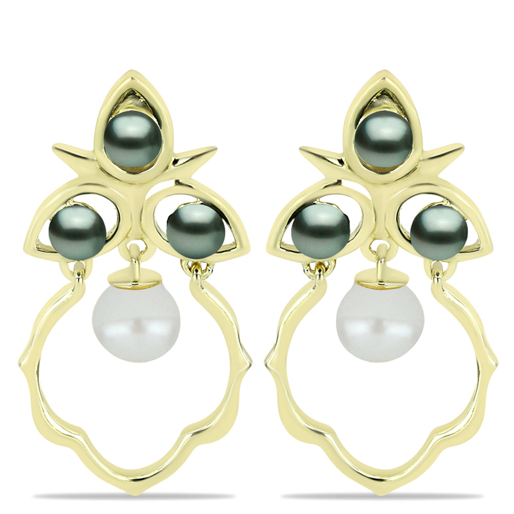 Pozlacené Stříbrné Náušnice se Sladkovodní perlou v podobě Tahitské zelené iluze a Bílou Sladkovodní Perlou