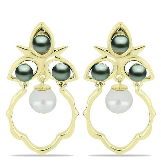 Pozlacené Stříbrné Náušnice se Sladkovodní perlou v podobě Tahitské zelené iluze a Bílou Sladkovodní Perlou