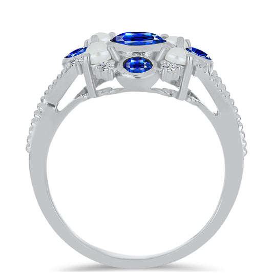 Stříbrný Prsten s Australským Modrým Safírem a Bílou Sladkovodní Perlou