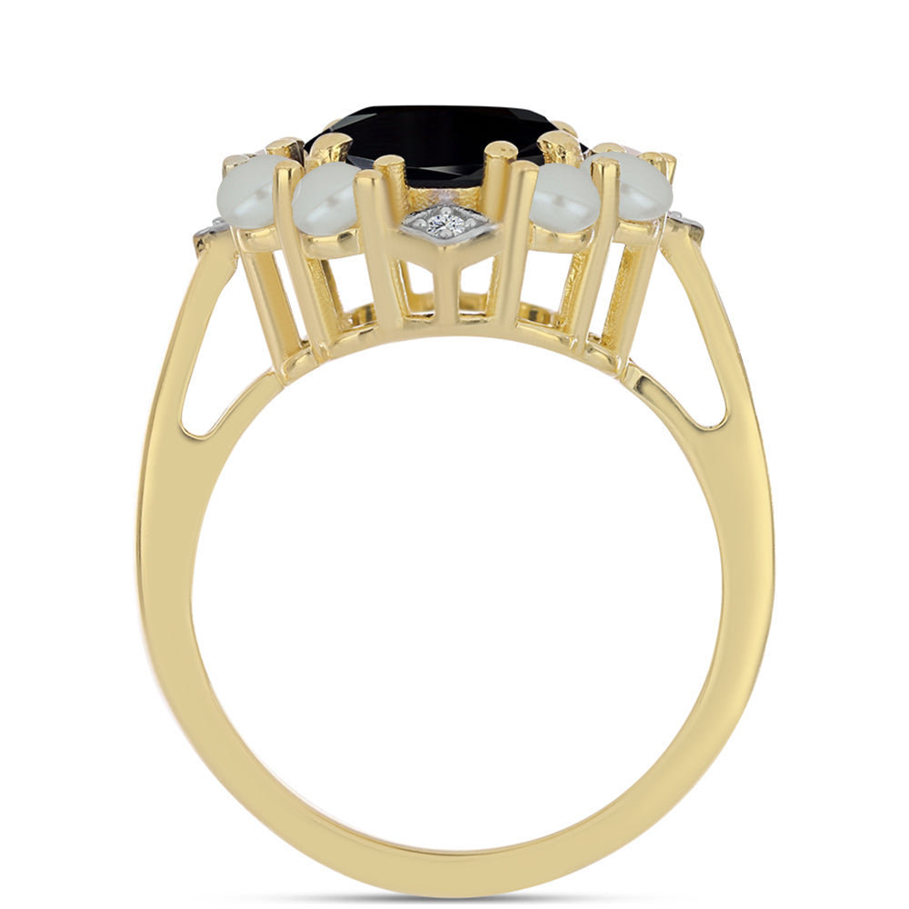 Pozlacený Stříbrný Prsten se Sladkovodní perlou v podobě Tahitské zelené iluze a Černým Onyxem