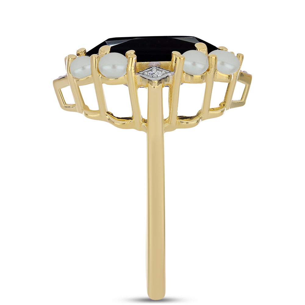 Pozlacený Stříbrný Prsten se Sladkovodní perlou v podobě Tahitské zelené iluze a Černým Onyxem