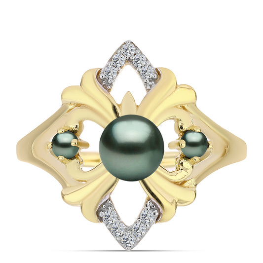 Pozlacené stříbro 925/1000 Prsten se Sladkovodní perlou v podobě Tahitské zelené iluze a Bílým Topazem - Karátové číslo: 0.46. přibližná hmotnost: 3.65 gramů