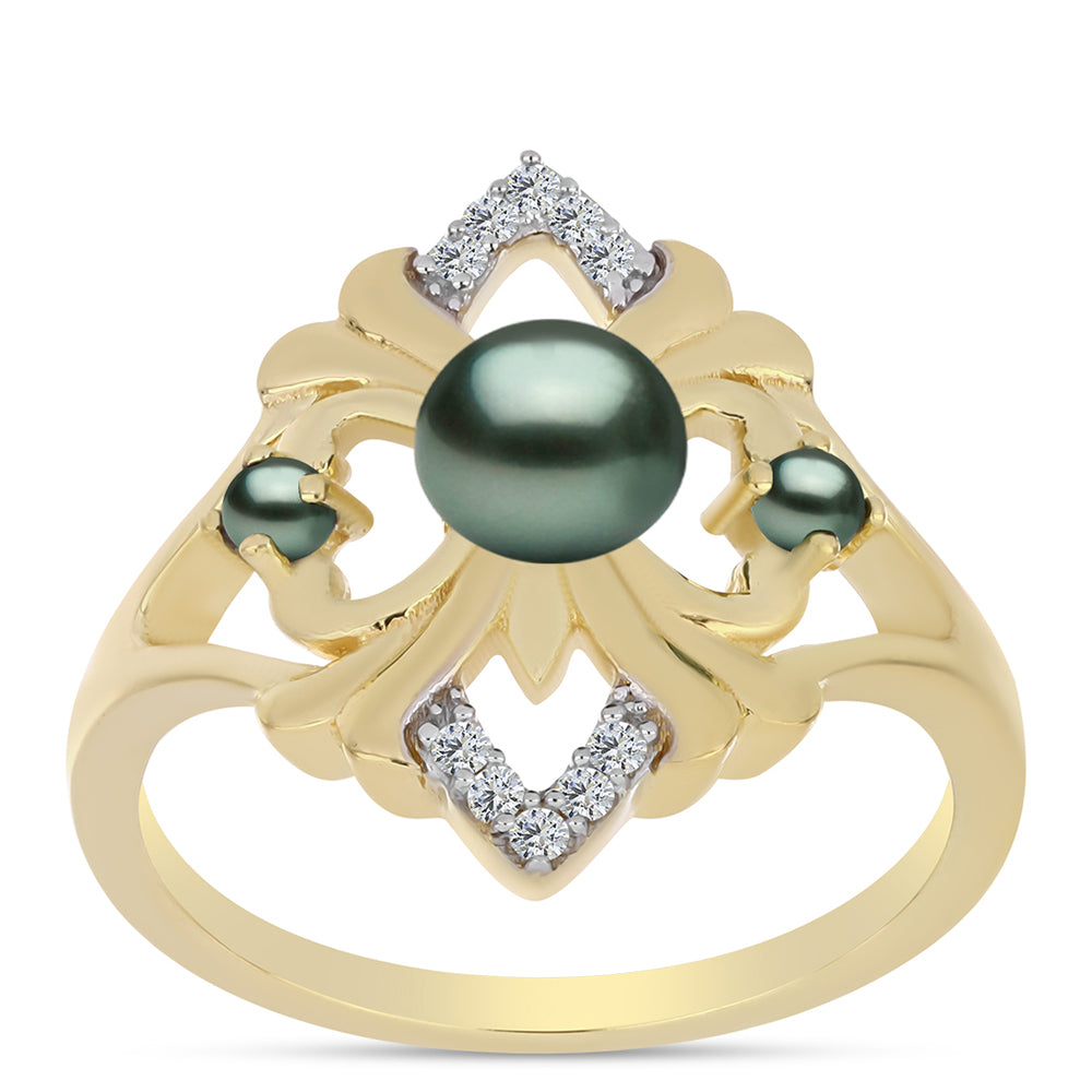 Pozlacené stříbro 925/1000 Prsten se Sladkovodní perlou v podobě Tahitské zelené iluze a Bílým Topazem - Karátové číslo: 0.46. přibližná hmotnost: 3.65 gramů