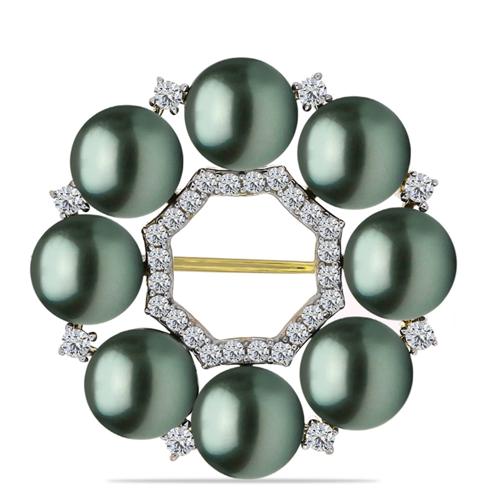 Pozlacený Stříbrný Brož se Sladkovodní perlou v podobě Tahitské zelené iluze a Bílým Topazem