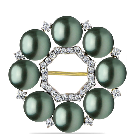 Pozlacený Stříbrný Brož se Sladkovodní perlou v podobě Tahitské zelené iluze a Bílým Topazem