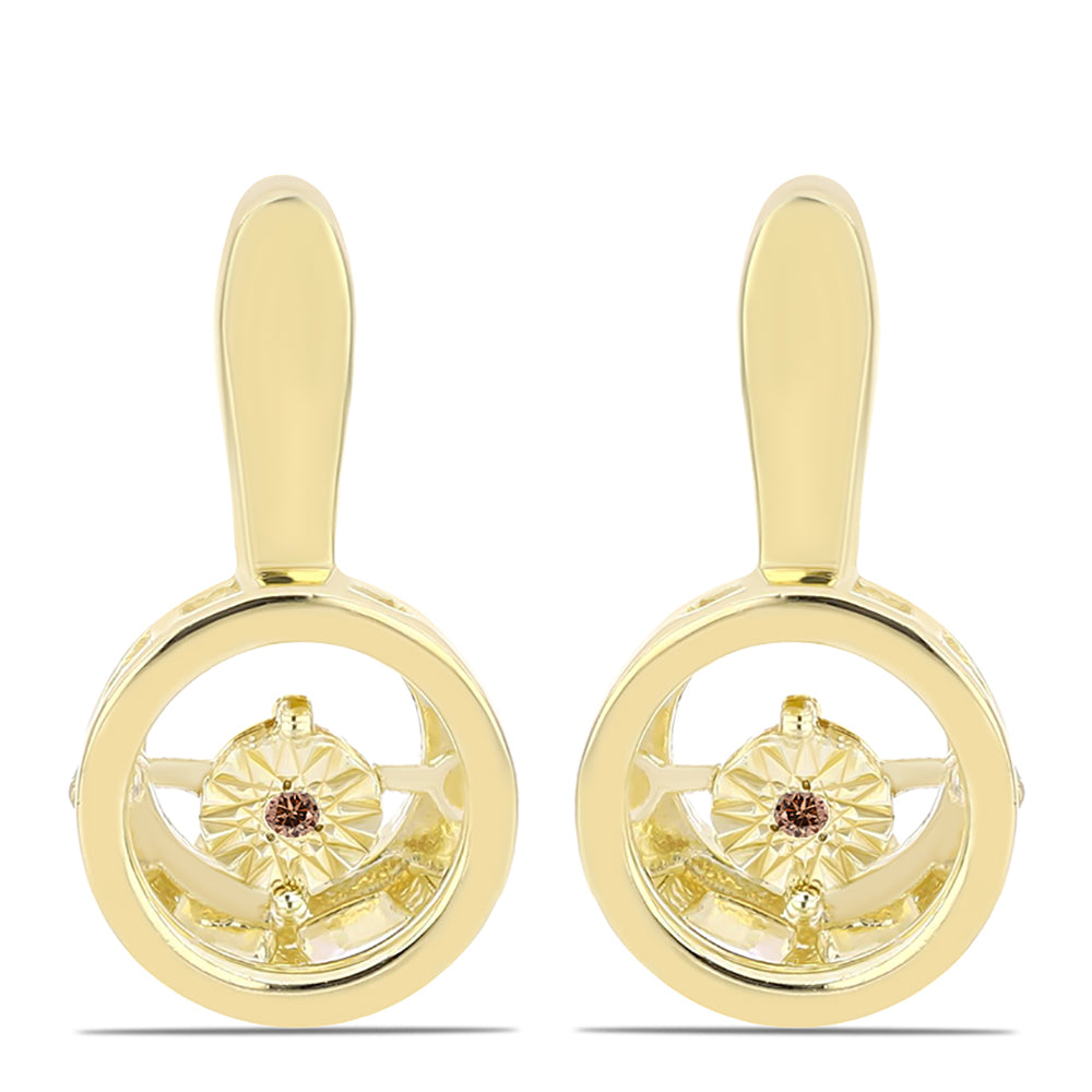 Pozlacené Stříbro 925/1000 - Náušnice s Cognac Diamantem - Karátové číslo: 0.01. přibližná hmotnost: 3.66 gramů