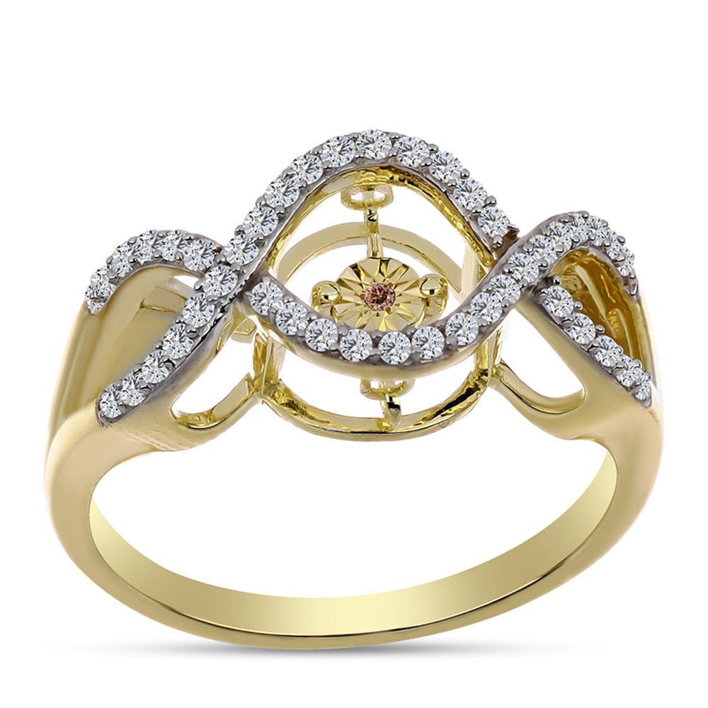 Pozlacené Stříbro 925/1000 - Prsten s Cognac Diamantem a Bílým Topazem - Karátové číslo: 0.38. přibližná hmotnost: 3.8 gramů