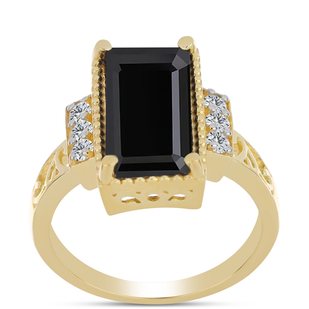 Pozlacený Stříbrný Prsten s Černým Onyxem a Bílým Topazem 3 