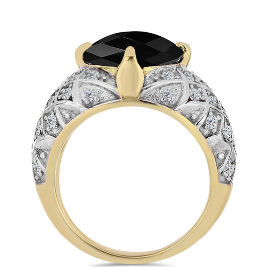 Pozlacený Stříbrný Prsten s Černým Onyxem a Bílým Topazem