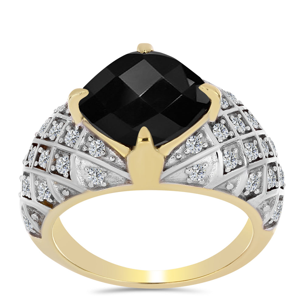 Pozlacený Stříbrný Prsten s Černým Onyxem a Bílým Topazem