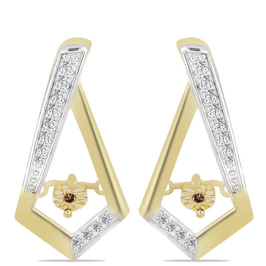 Pozlacené Stříbro 925/1000 - Náušnice s Cognac Diamantem a Bílým Topazem - Karátové číslo: 0.23. přibližná hmotnost: 3.95 gramů