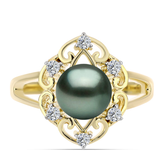 Pozlacený Stříbrný Prsten se Sladkovodní perlou v podobě Tahitské zelené iluze a Bílým Topazem